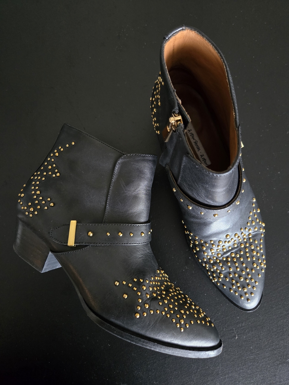 ​& Other Stories Black Leather Gold Studded Western Ankle Boots Size 37 / 7